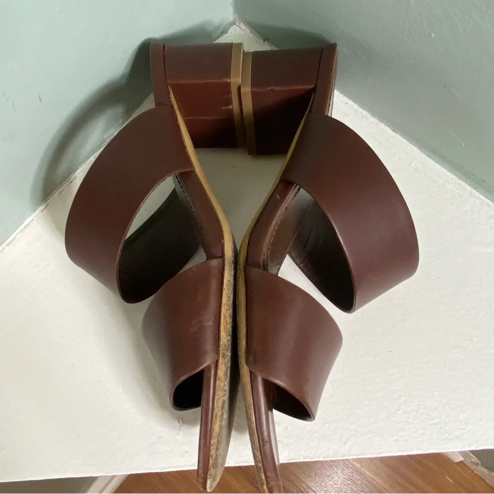 Mansur Gavriel Brown Leather Block Chunky Heeled Mules Sandals Heels Size 36/6